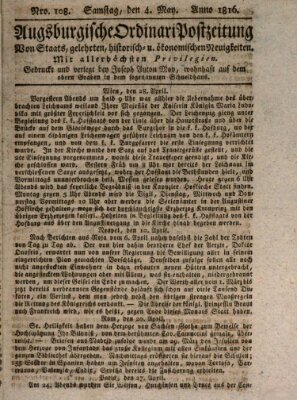 Augsburgische Ordinari Postzeitung von Staats-, gelehrten, historisch- u. ökonomischen Neuigkeiten (Augsburger Postzeitung) Samstag 4. Mai 1816