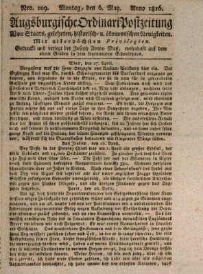 Augsburgische Ordinari Postzeitung von Staats-, gelehrten, historisch- u. ökonomischen Neuigkeiten (Augsburger Postzeitung) Montag 6. Mai 1816