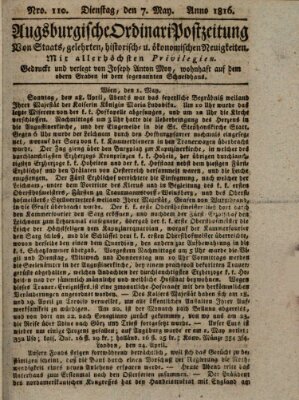 Augsburgische Ordinari Postzeitung von Staats-, gelehrten, historisch- u. ökonomischen Neuigkeiten (Augsburger Postzeitung) Dienstag 7. Mai 1816