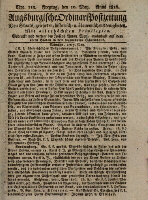 Augsburgische Ordinari Postzeitung von Staats-, gelehrten, historisch- u. ökonomischen Neuigkeiten (Augsburger Postzeitung) Freitag 10. Mai 1816