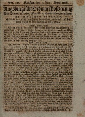 Augsburgische Ordinari Postzeitung von Staats-, gelehrten, historisch- u. ökonomischen Neuigkeiten (Augsburger Postzeitung) Samstag 1. Juni 1816