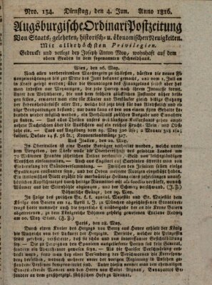 Augsburgische Ordinari Postzeitung von Staats-, gelehrten, historisch- u. ökonomischen Neuigkeiten (Augsburger Postzeitung) Dienstag 4. Juni 1816