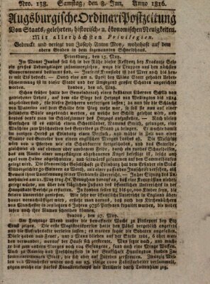 Augsburgische Ordinari Postzeitung von Staats-, gelehrten, historisch- u. ökonomischen Neuigkeiten (Augsburger Postzeitung) Samstag 8. Juni 1816