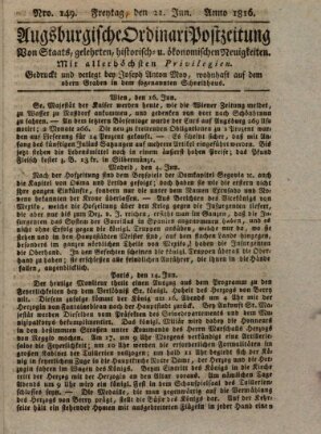 Augsburgische Ordinari Postzeitung von Staats-, gelehrten, historisch- u. ökonomischen Neuigkeiten (Augsburger Postzeitung) Freitag 21. Juni 1816