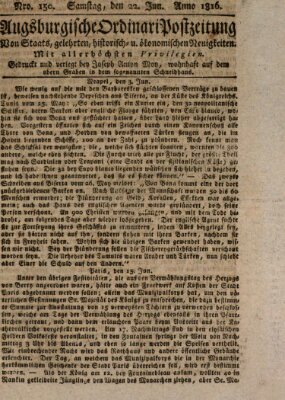 Augsburgische Ordinari Postzeitung von Staats-, gelehrten, historisch- u. ökonomischen Neuigkeiten (Augsburger Postzeitung) Samstag 22. Juni 1816