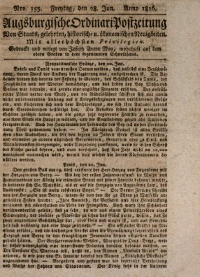 Augsburgische Ordinari Postzeitung von Staats-, gelehrten, historisch- u. ökonomischen Neuigkeiten (Augsburger Postzeitung) Freitag 28. Juni 1816