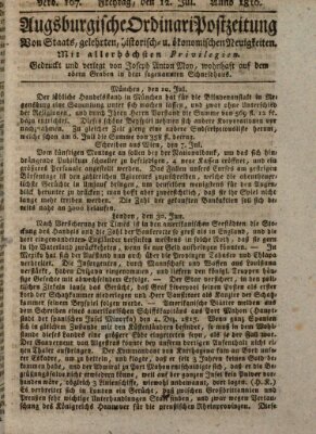 Augsburgische Ordinari Postzeitung von Staats-, gelehrten, historisch- u. ökonomischen Neuigkeiten (Augsburger Postzeitung) Freitag 12. Juli 1816