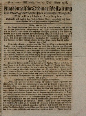 Augsburgische Ordinari Postzeitung von Staats-, gelehrten, historisch- u. ökonomischen Neuigkeiten (Augsburger Postzeitung) Mittwoch 17. Juli 1816