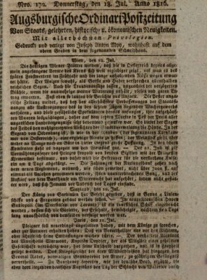 Augsburgische Ordinari Postzeitung von Staats-, gelehrten, historisch- u. ökonomischen Neuigkeiten (Augsburger Postzeitung) Donnerstag 18. Juli 1816