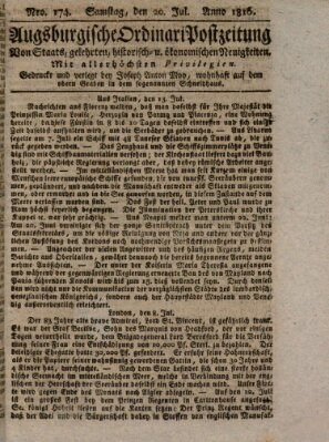 Augsburgische Ordinari Postzeitung von Staats-, gelehrten, historisch- u. ökonomischen Neuigkeiten (Augsburger Postzeitung) Samstag 20. Juli 1816