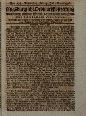 Augsburgische Ordinari Postzeitung von Staats-, gelehrten, historisch- u. ökonomischen Neuigkeiten (Augsburger Postzeitung) Donnerstag 25. Juli 1816