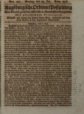 Augsburgische Ordinari Postzeitung von Staats-, gelehrten, historisch- u. ökonomischen Neuigkeiten (Augsburger Postzeitung) Montag 29. Juli 1816