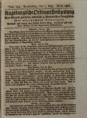 Augsburgische Ordinari Postzeitung von Staats-, gelehrten, historisch- u. ökonomischen Neuigkeiten (Augsburger Postzeitung) Donnerstag 1. August 1816