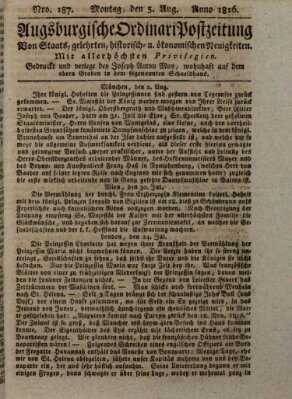 Augsburgische Ordinari Postzeitung von Staats-, gelehrten, historisch- u. ökonomischen Neuigkeiten (Augsburger Postzeitung) Montag 5. August 1816