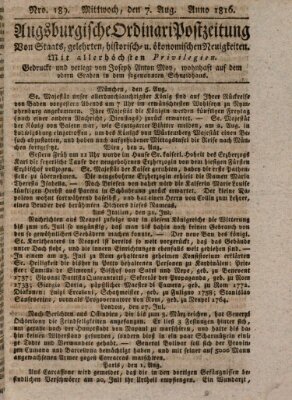 Augsburgische Ordinari Postzeitung von Staats-, gelehrten, historisch- u. ökonomischen Neuigkeiten (Augsburger Postzeitung) Mittwoch 7. August 1816