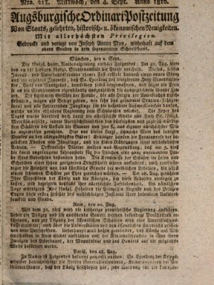 Augsburgische Ordinari Postzeitung von Staats-, gelehrten, historisch- u. ökonomischen Neuigkeiten (Augsburger Postzeitung) Mittwoch 4. September 1816