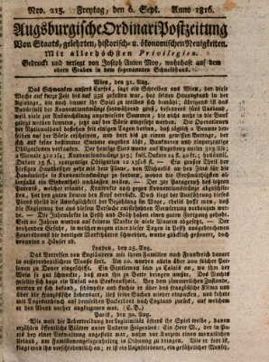 Augsburgische Ordinari Postzeitung von Staats-, gelehrten, historisch- u. ökonomischen Neuigkeiten (Augsburger Postzeitung) Freitag 6. September 1816