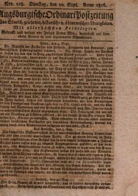 Augsburgische Ordinari Postzeitung von Staats-, gelehrten, historisch- u. ökonomischen Neuigkeiten (Augsburger Postzeitung) Dienstag 10. September 1816