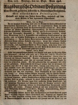 Augsburgische Ordinari Postzeitung von Staats-, gelehrten, historisch- u. ökonomischen Neuigkeiten (Augsburger Postzeitung) Freitag 20. September 1816