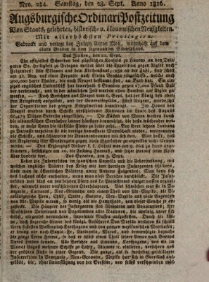 Augsburgische Ordinari Postzeitung von Staats-, gelehrten, historisch- u. ökonomischen Neuigkeiten (Augsburger Postzeitung) Samstag 28. September 1816