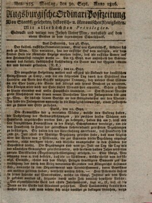 Augsburgische Ordinari Postzeitung von Staats-, gelehrten, historisch- u. ökonomischen Neuigkeiten (Augsburger Postzeitung) Montag 30. September 1816