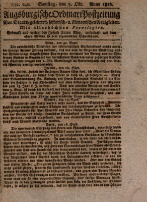 Augsburgische Ordinari Postzeitung von Staats-, gelehrten, historisch- u. ökonomischen Neuigkeiten (Augsburger Postzeitung) Samstag 5. Oktober 1816