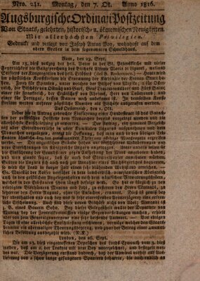 Augsburgische Ordinari Postzeitung von Staats-, gelehrten, historisch- u. ökonomischen Neuigkeiten (Augsburger Postzeitung) Montag 7. Oktober 1816