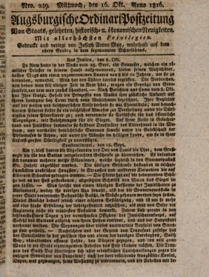 Augsburgische Ordinari Postzeitung von Staats-, gelehrten, historisch- u. ökonomischen Neuigkeiten (Augsburger Postzeitung) Mittwoch 16. Oktober 1816