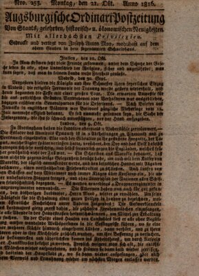 Augsburgische Ordinari Postzeitung von Staats-, gelehrten, historisch- u. ökonomischen Neuigkeiten (Augsburger Postzeitung) Montag 21. Oktober 1816