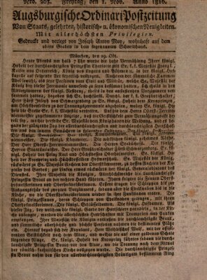 Augsburgische Ordinari Postzeitung von Staats-, gelehrten, historisch- u. ökonomischen Neuigkeiten (Augsburger Postzeitung) Freitag 1. November 1816