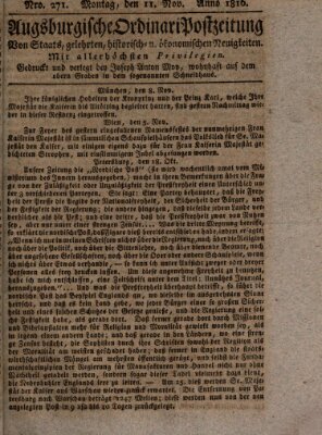 Augsburgische Ordinari Postzeitung von Staats-, gelehrten, historisch- u. ökonomischen Neuigkeiten (Augsburger Postzeitung) Montag 11. November 1816