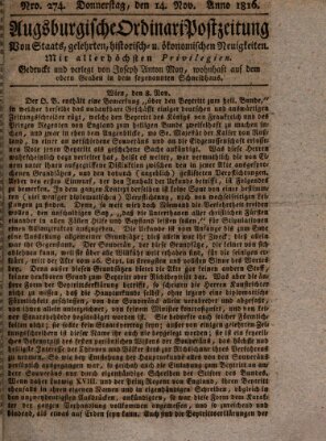 Augsburgische Ordinari Postzeitung von Staats-, gelehrten, historisch- u. ökonomischen Neuigkeiten (Augsburger Postzeitung) Donnerstag 14. November 1816