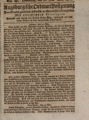 Augsburgische Ordinari Postzeitung von Staats-, gelehrten, historisch- u. ökonomischen Neuigkeiten (Augsburger Postzeitung) Donnerstag 21. November 1816