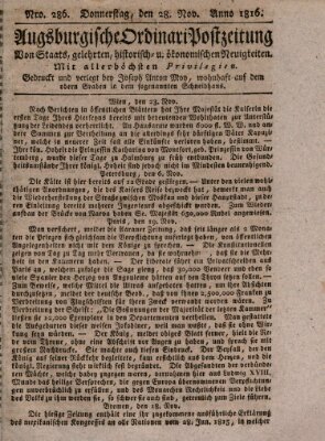 Augsburgische Ordinari Postzeitung von Staats-, gelehrten, historisch- u. ökonomischen Neuigkeiten (Augsburger Postzeitung) Donnerstag 28. November 1816