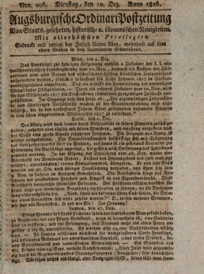 Augsburgische Ordinari Postzeitung von Staats-, gelehrten, historisch- u. ökonomischen Neuigkeiten (Augsburger Postzeitung) Dienstag 10. Dezember 1816