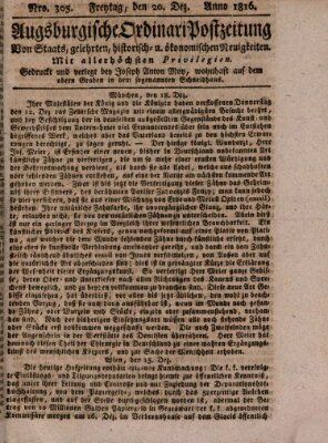 Augsburgische Ordinari Postzeitung von Staats-, gelehrten, historisch- u. ökonomischen Neuigkeiten (Augsburger Postzeitung) Freitag 20. Dezember 1816