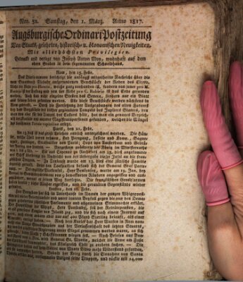 Augsburgische Ordinari Postzeitung von Staats-, gelehrten, historisch- u. ökonomischen Neuigkeiten (Augsburger Postzeitung) Samstag 1. März 1817