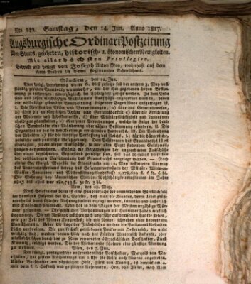 Augsburgische Ordinari Postzeitung von Staats-, gelehrten, historisch- u. ökonomischen Neuigkeiten (Augsburger Postzeitung) Samstag 14. Juni 1817