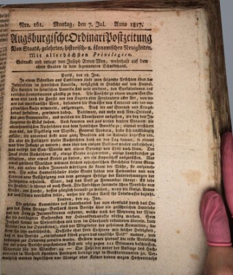 Augsburgische Ordinari Postzeitung von Staats-, gelehrten, historisch- u. ökonomischen Neuigkeiten (Augsburger Postzeitung) Montag 7. Juli 1817