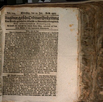 Augsburgische Ordinari Postzeitung von Staats-, gelehrten, historisch- u. ökonomischen Neuigkeiten (Augsburger Postzeitung) Dienstag 22. Juli 1817