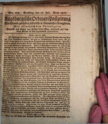 Augsburgische Ordinari Postzeitung von Staats-, gelehrten, historisch- u. ökonomischen Neuigkeiten (Augsburger Postzeitung) Samstag 26. Juli 1817