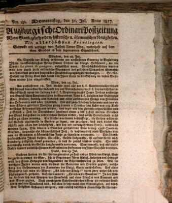 Augsburgische Ordinari Postzeitung von Staats-, gelehrten, historisch- u. ökonomischen Neuigkeiten (Augsburger Postzeitung) Donnerstag 31. Juli 1817