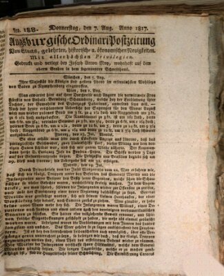 Augsburgische Ordinari Postzeitung von Staats-, gelehrten, historisch- u. ökonomischen Neuigkeiten (Augsburger Postzeitung) Donnerstag 7. August 1817