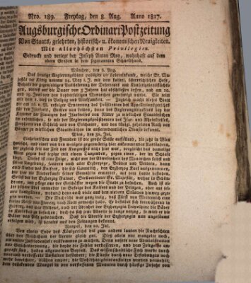 Augsburgische Ordinari Postzeitung von Staats-, gelehrten, historisch- u. ökonomischen Neuigkeiten (Augsburger Postzeitung) Freitag 8. August 1817