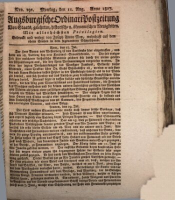 Augsburgische Ordinari Postzeitung von Staats-, gelehrten, historisch- u. ökonomischen Neuigkeiten (Augsburger Postzeitung) Montag 11. August 1817