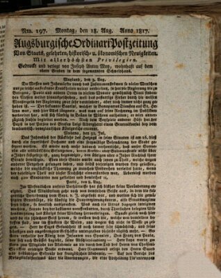 Augsburgische Ordinari Postzeitung von Staats-, gelehrten, historisch- u. ökonomischen Neuigkeiten (Augsburger Postzeitung) Montag 18. August 1817