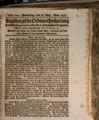 Augsburgische Ordinari Postzeitung von Staats-, gelehrten, historisch- u. ökonomischen Neuigkeiten (Augsburger Postzeitung) Donnerstag 21. August 1817