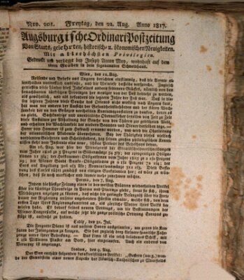 Augsburgische Ordinari Postzeitung von Staats-, gelehrten, historisch- u. ökonomischen Neuigkeiten (Augsburger Postzeitung) Freitag 22. August 1817