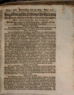 Augsburgische Ordinari Postzeitung von Staats-, gelehrten, historisch- u. ökonomischen Neuigkeiten (Augsburger Postzeitung) Donnerstag 28. August 1817