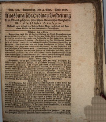 Augsburgische Ordinari Postzeitung von Staats-, gelehrten, historisch- u. ökonomischen Neuigkeiten (Augsburger Postzeitung) Donnerstag 4. September 1817